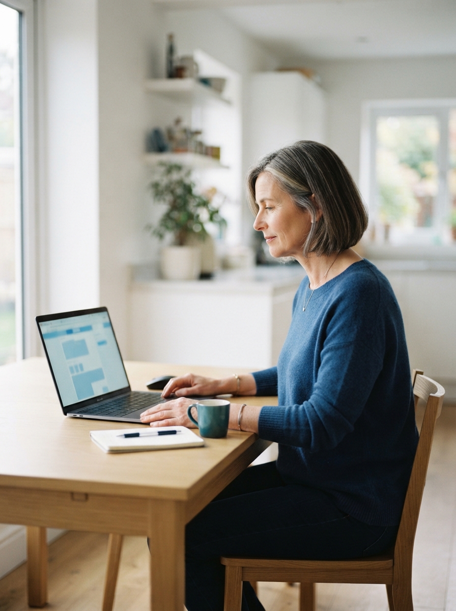 Woman in a blue sweater using a laptop at a wooden table in a bright home.