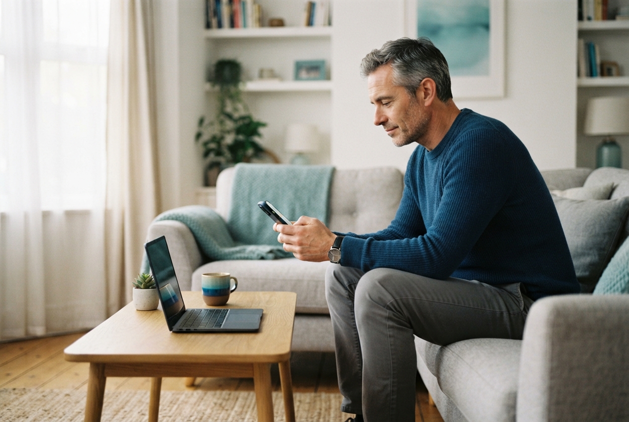 Man using a smartphone on a sofa beside a coffee table with an open laptop.