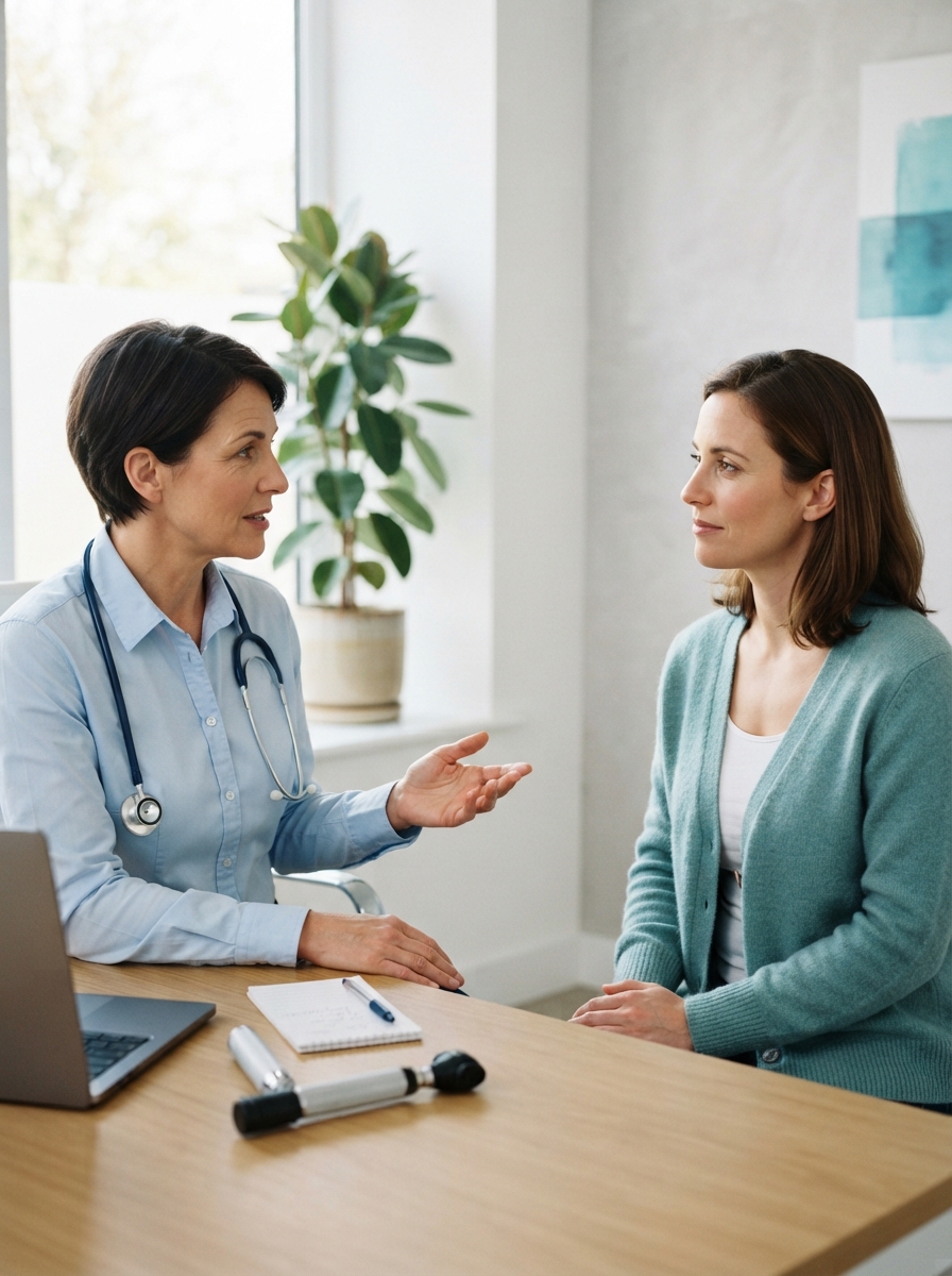 Doctor and woman converse across a wooden desk in a bright medical office.